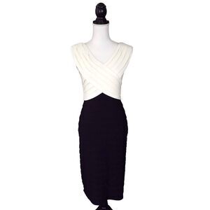 Andre Oliver Black & Ivory Pleated Layer Cocktail Evening Sheath Dress S…